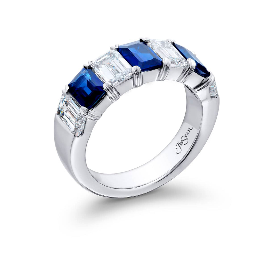 Platinum Emerald-Cut Sapphire and Diamond Band