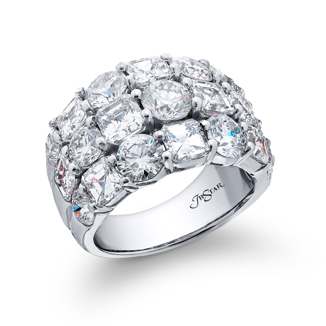 Iconic Three-Row Diamond Band | Square Emerald-Cut and Round Diamonds in Platinum