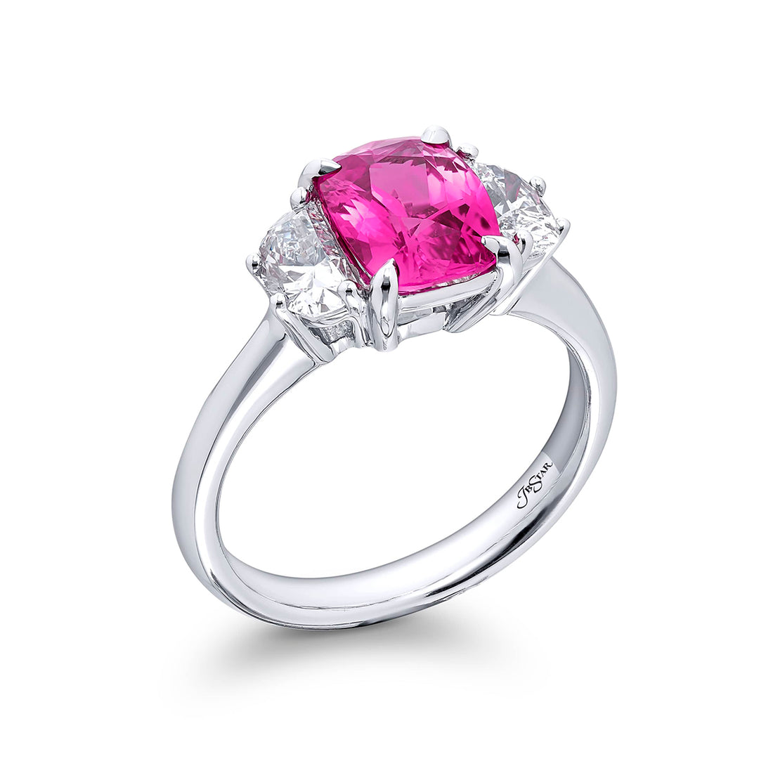 2.26 ct. Certified Cushion-Cut Pink Sapphire and Half-Moon Diamond Ring in Platinum