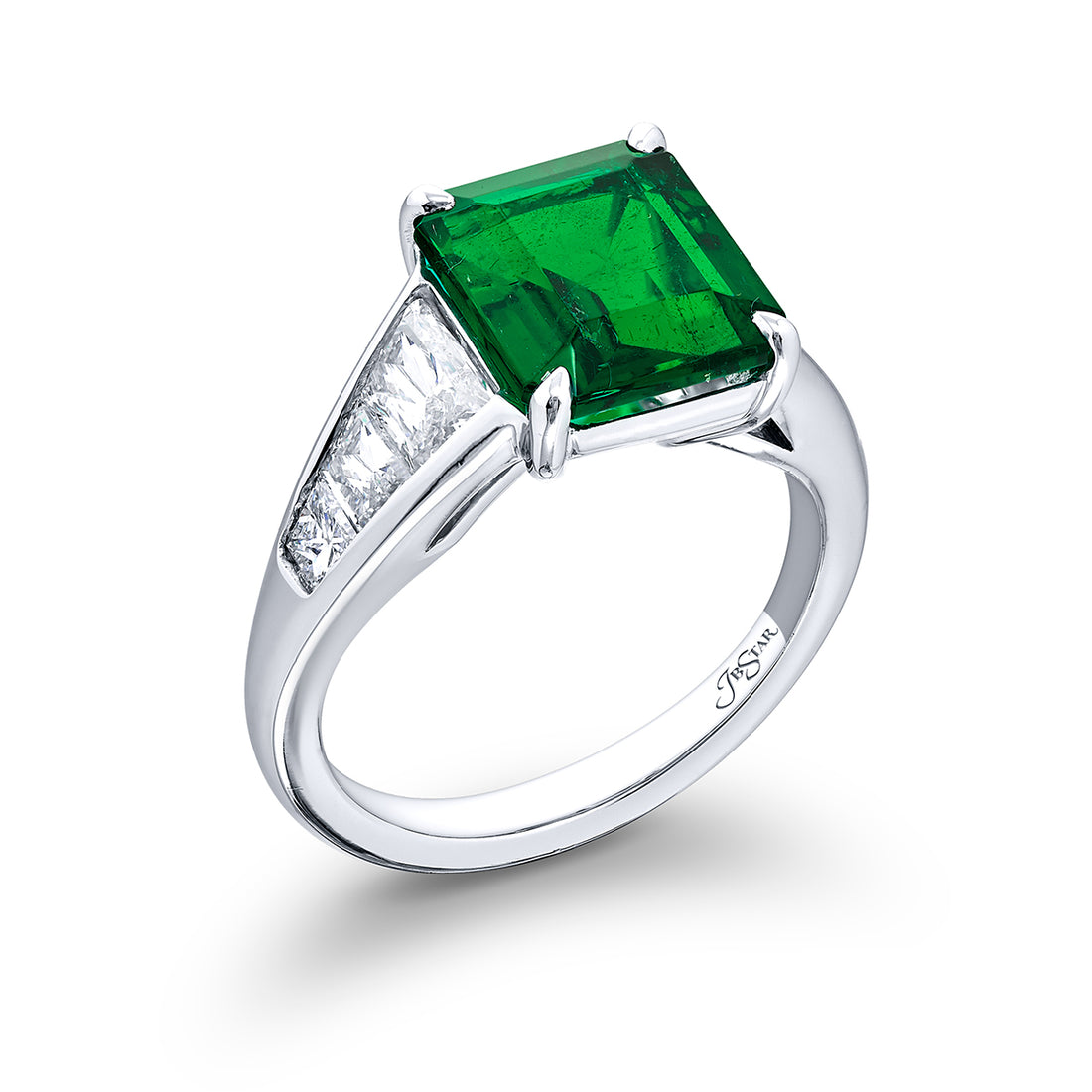 3.36 ct. Emerald-Cut Emerald & Trapezoid Diamond Ring in Platinum