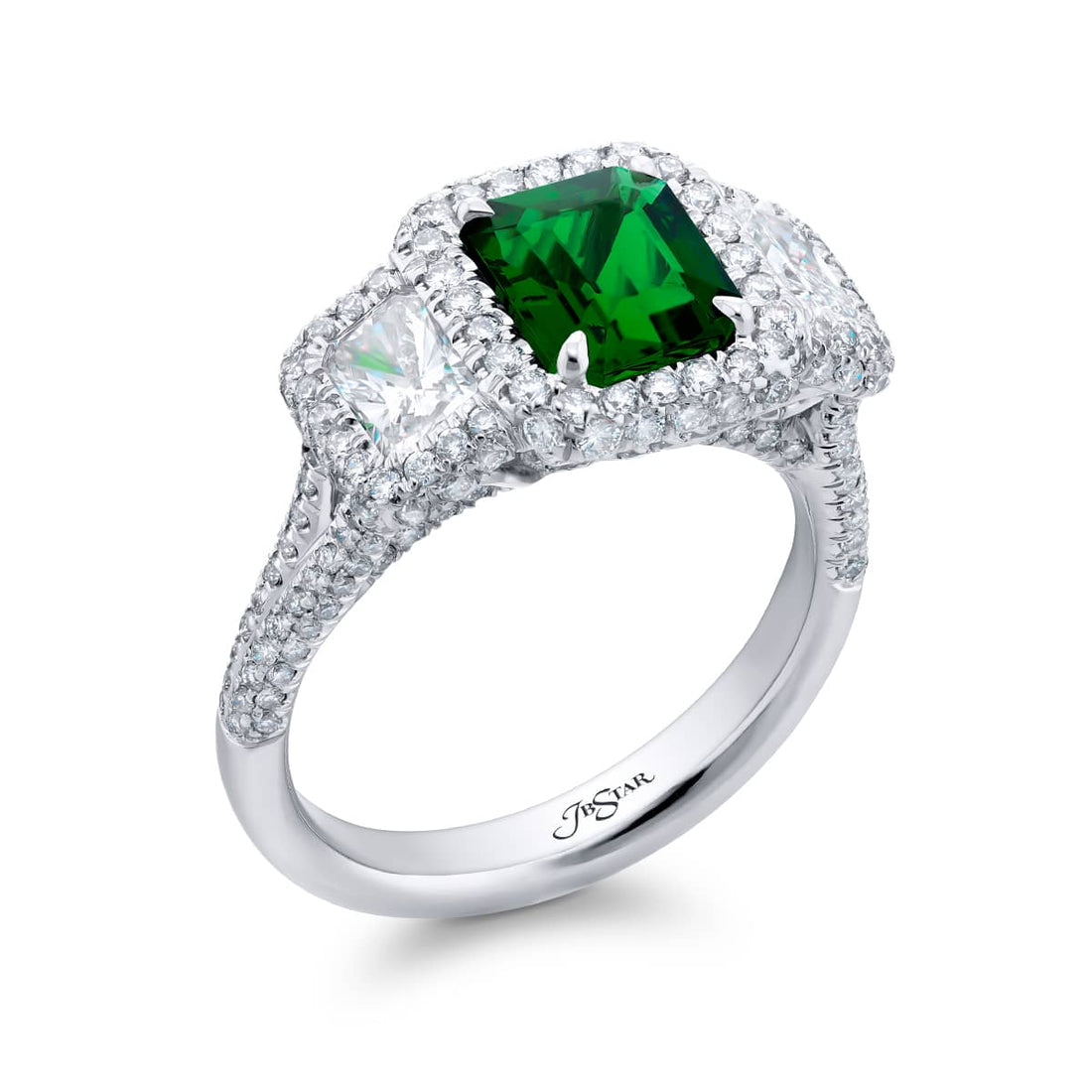 Platinum Emerald-Cut Emerald Micro Pave Ring