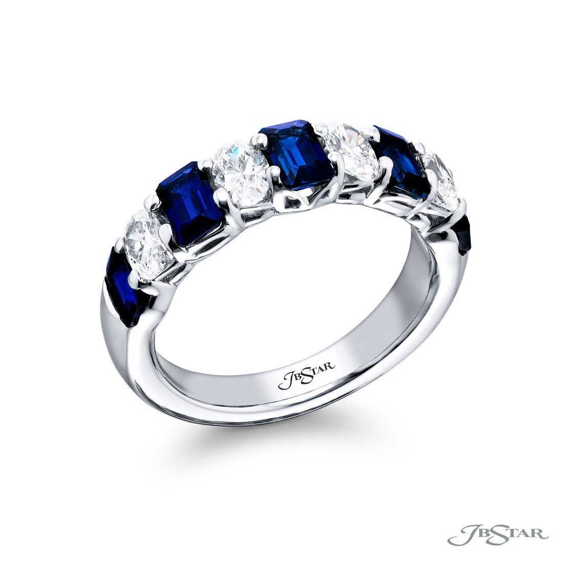 Platinum Emerald-Cut Sapphire and Diamond Band