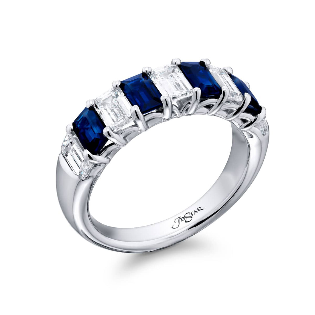 Platinum Emerald-Cut Sapphire and Diamond Band