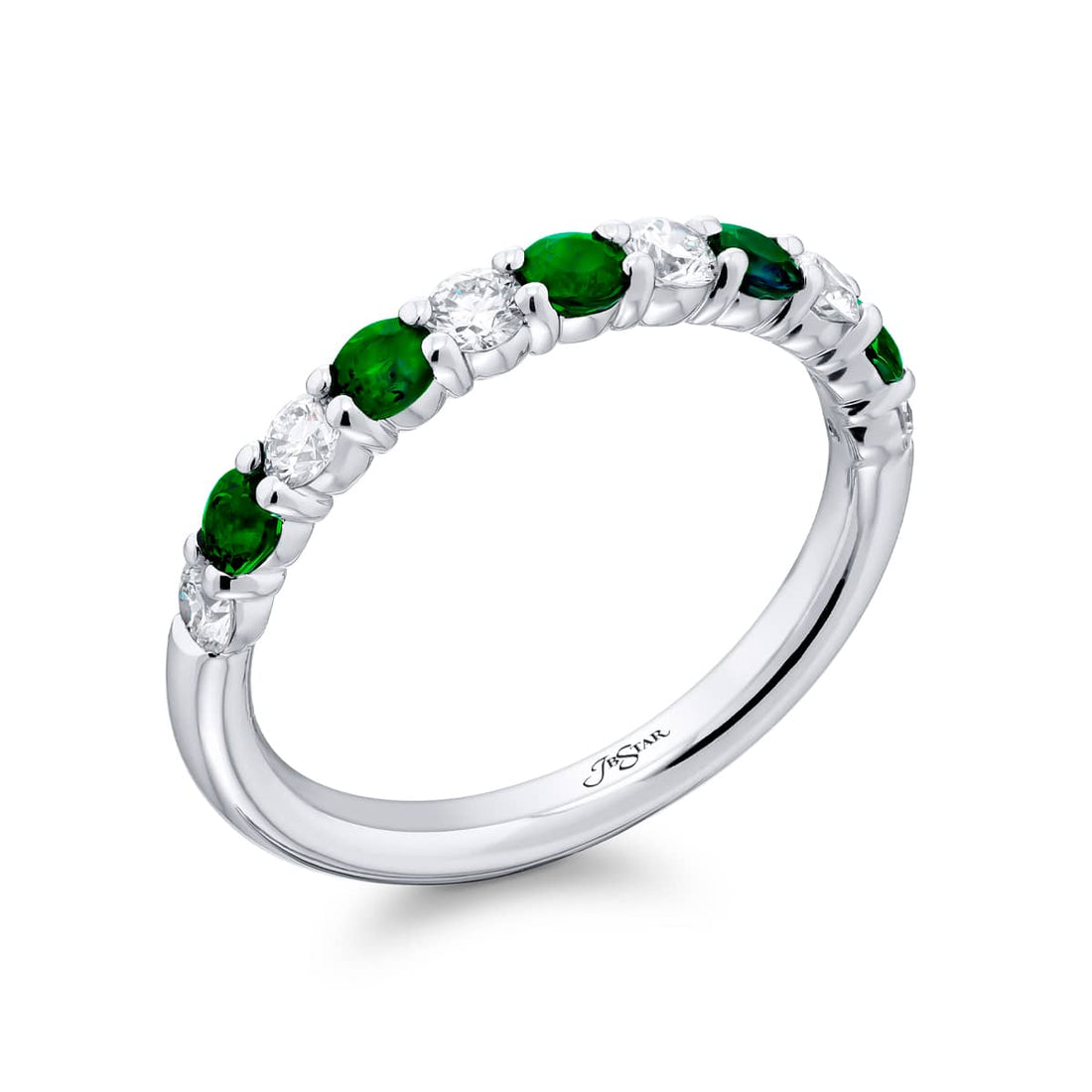 Platinum Round Emerald and Diamond Band