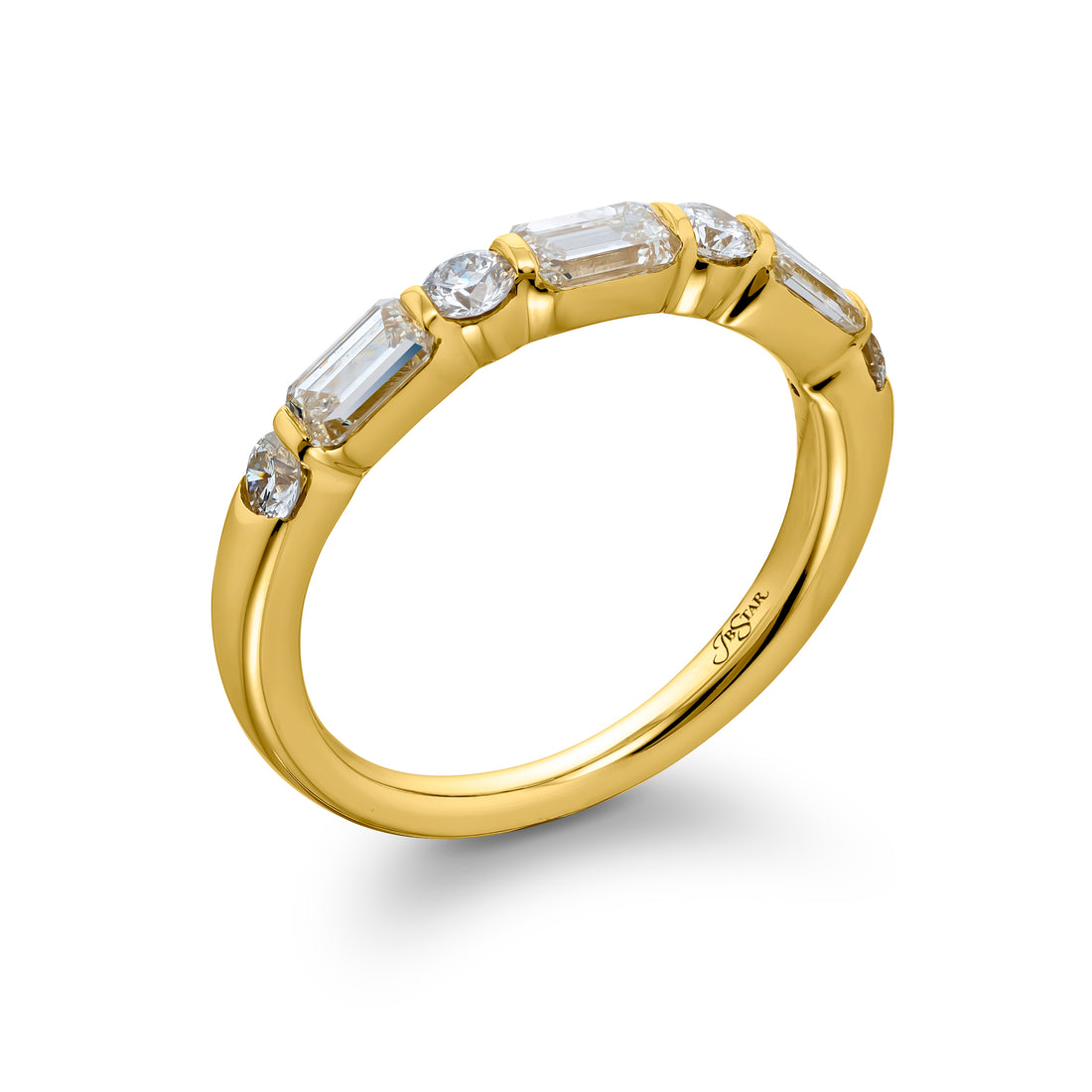 18K Yellow Gold Emerald-Cut and Round Diamond Bar Set Band