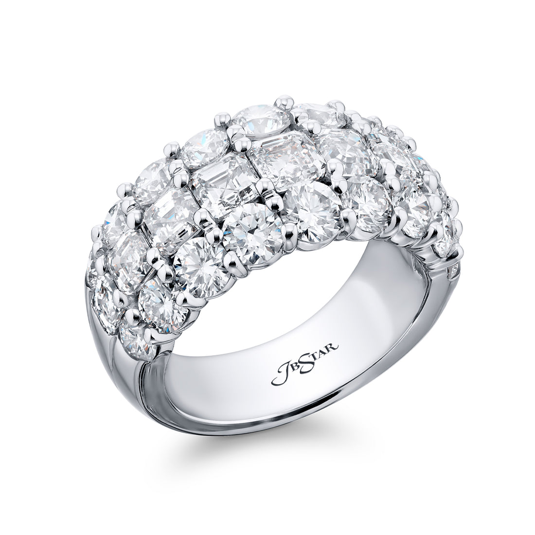 Platinum Round and Square Emerald-Cut Diamond Three-Row Band