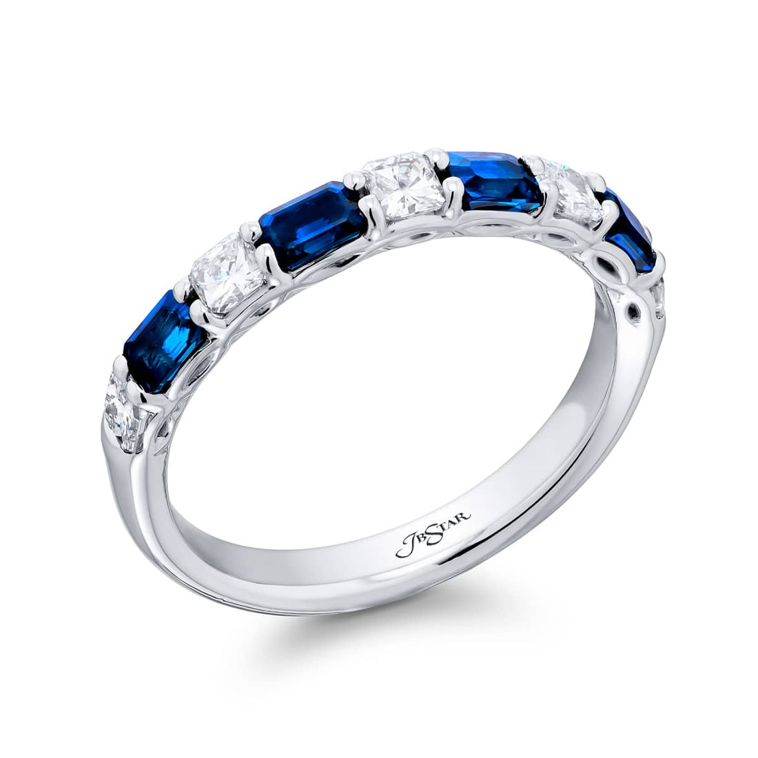 Platinum Emerald-Cut Sapphire and Radiant-Cut Diamond East-West Band