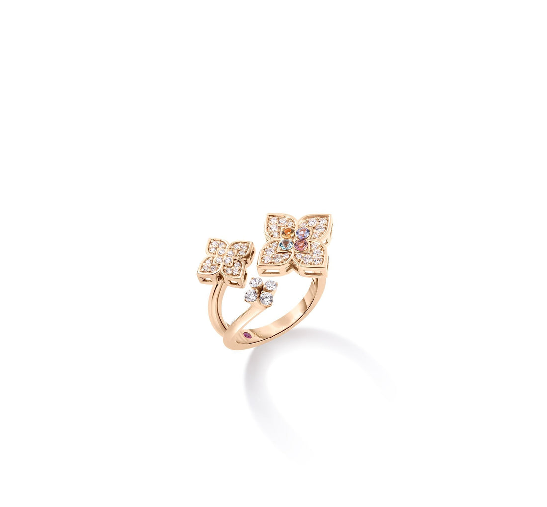Venetian Princess Carnival Pavé Diamond and Mixed Stones Small Triple Flower Ring