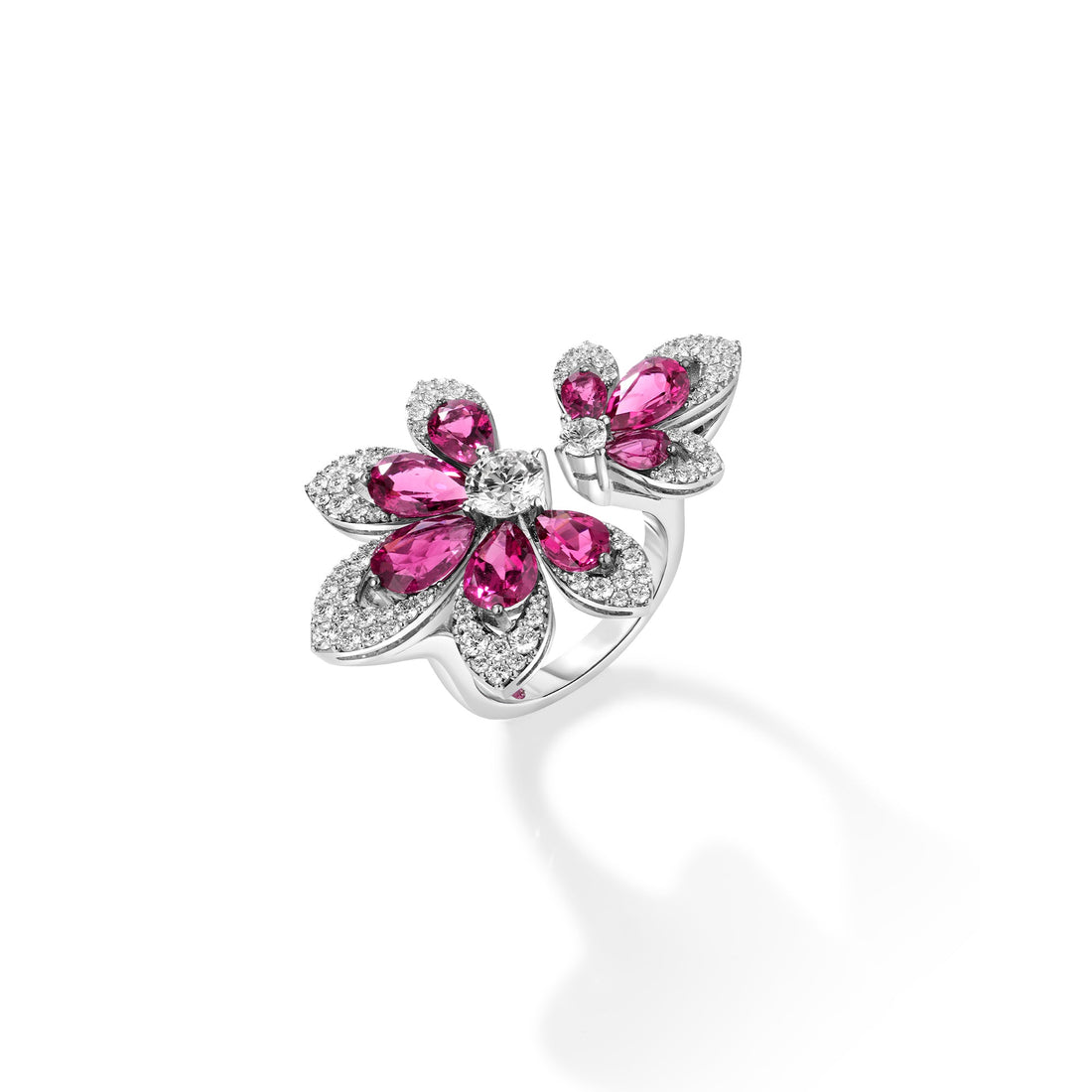 Tiare' Pavé Diamond and Rubellite Flower Ring