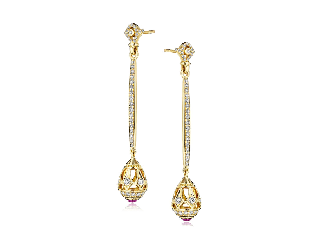 BEAD 2 DIAMOND & RHODOLITE DROP EARRING
