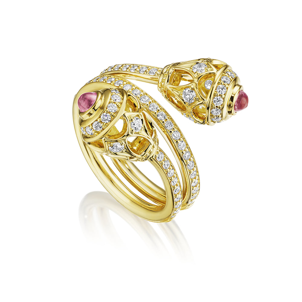 BEAD 2 DIAMOND & RHODOLITE TOI ET MOI DOUBLE RING