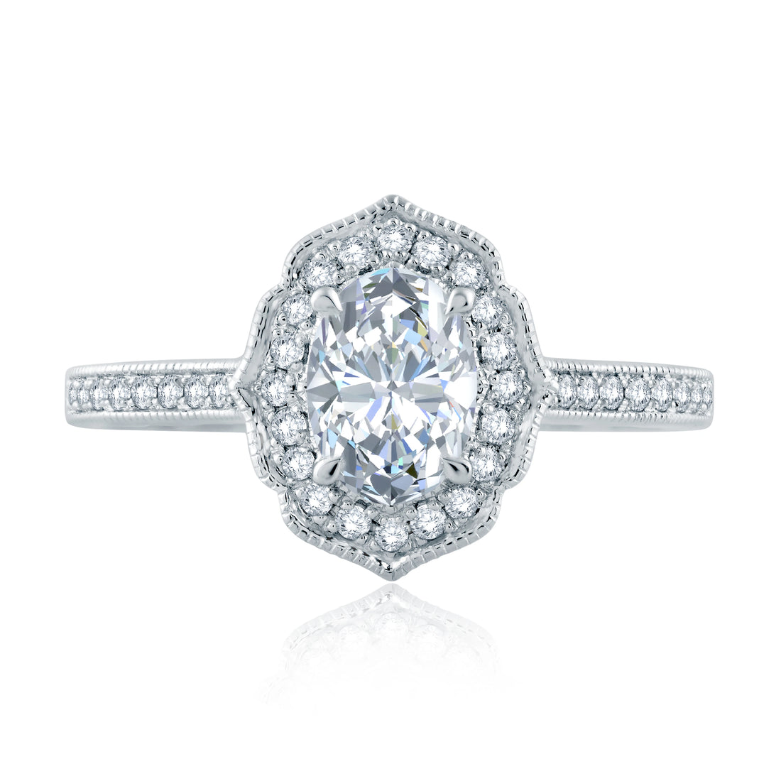 Floral Inspired Milgrain Halo Oval Diamond Engagement Ring