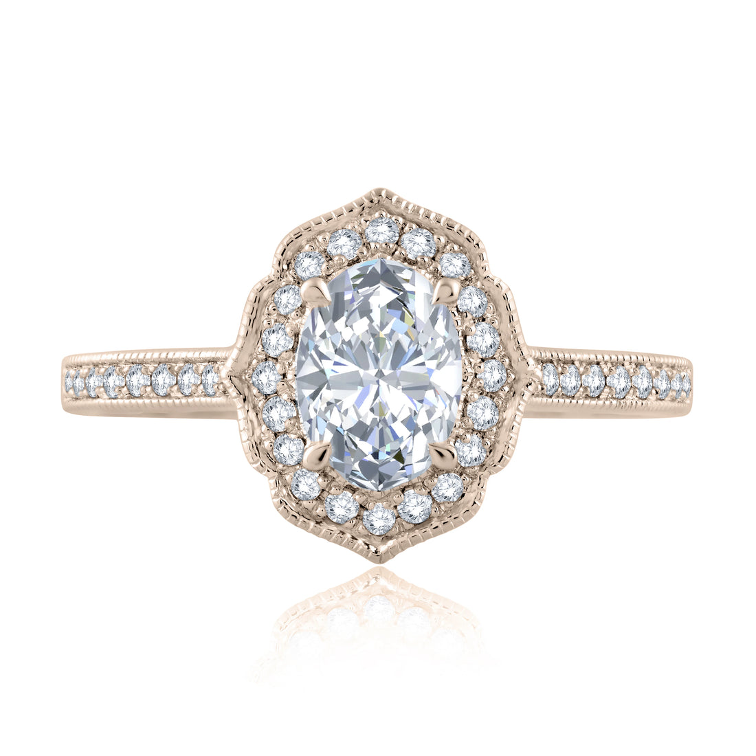 Floral Inspired Milgrain Halo Oval Diamond Engagement Ring