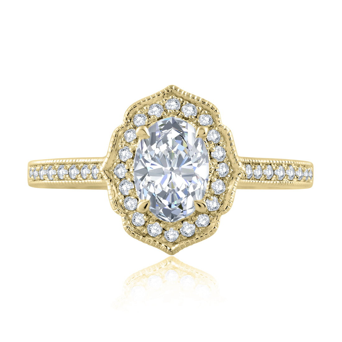 Floral Inspired Milgrain Halo Oval Diamond Engagement Ring