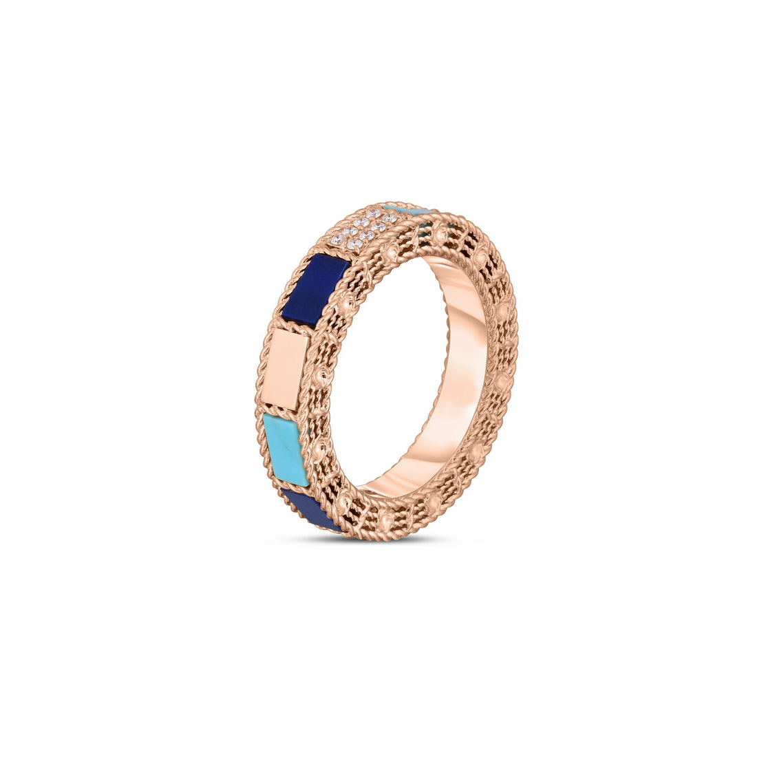 Art Deco Mosaic Alternating Blue Lapis, Diamond, and Turquoise Ring