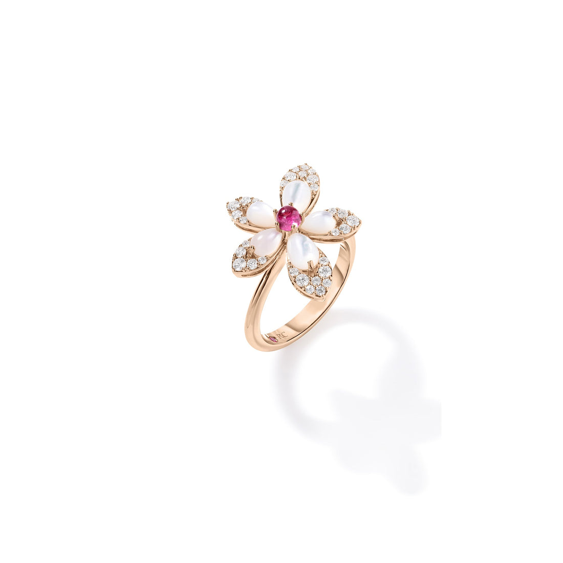 Tiare' Diamond, Rubellite, and Mother of Pearl Flower Ring