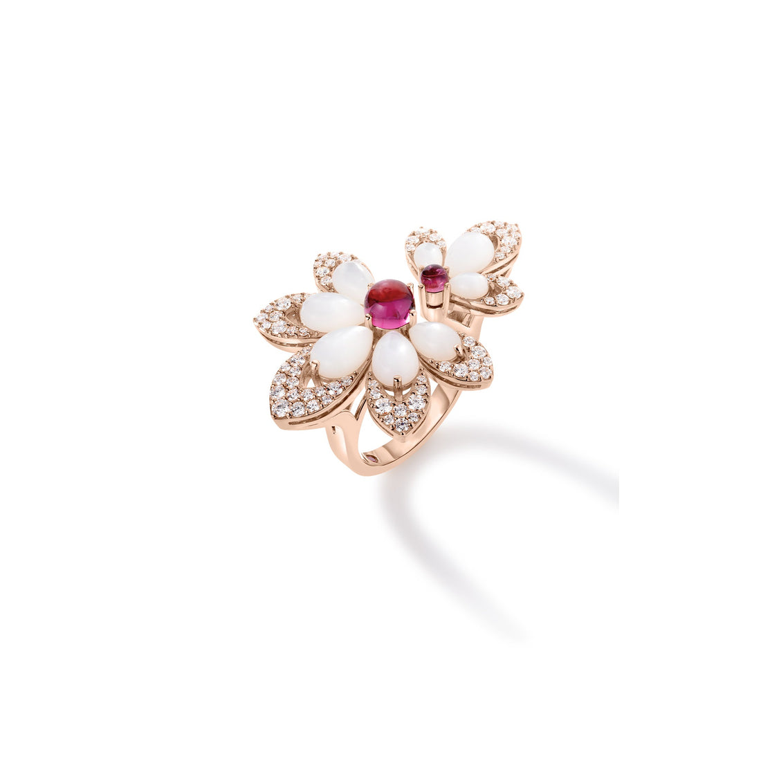 Tiare' Diamond, Rubellite, and Mother of Pearl Split Flower Ring