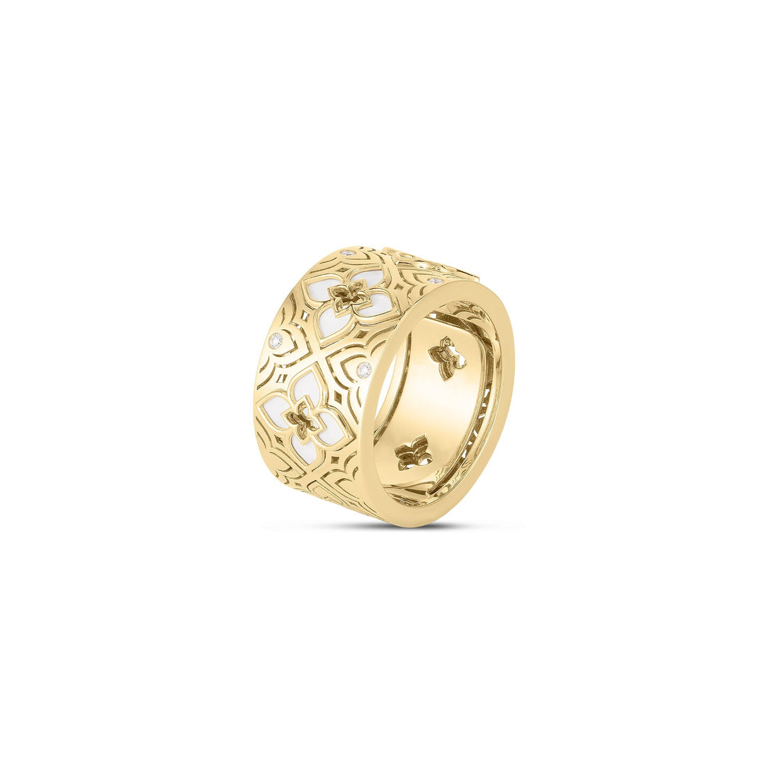 Venetian Princess Etched Frame Diamond and White Enamel Flower Ring